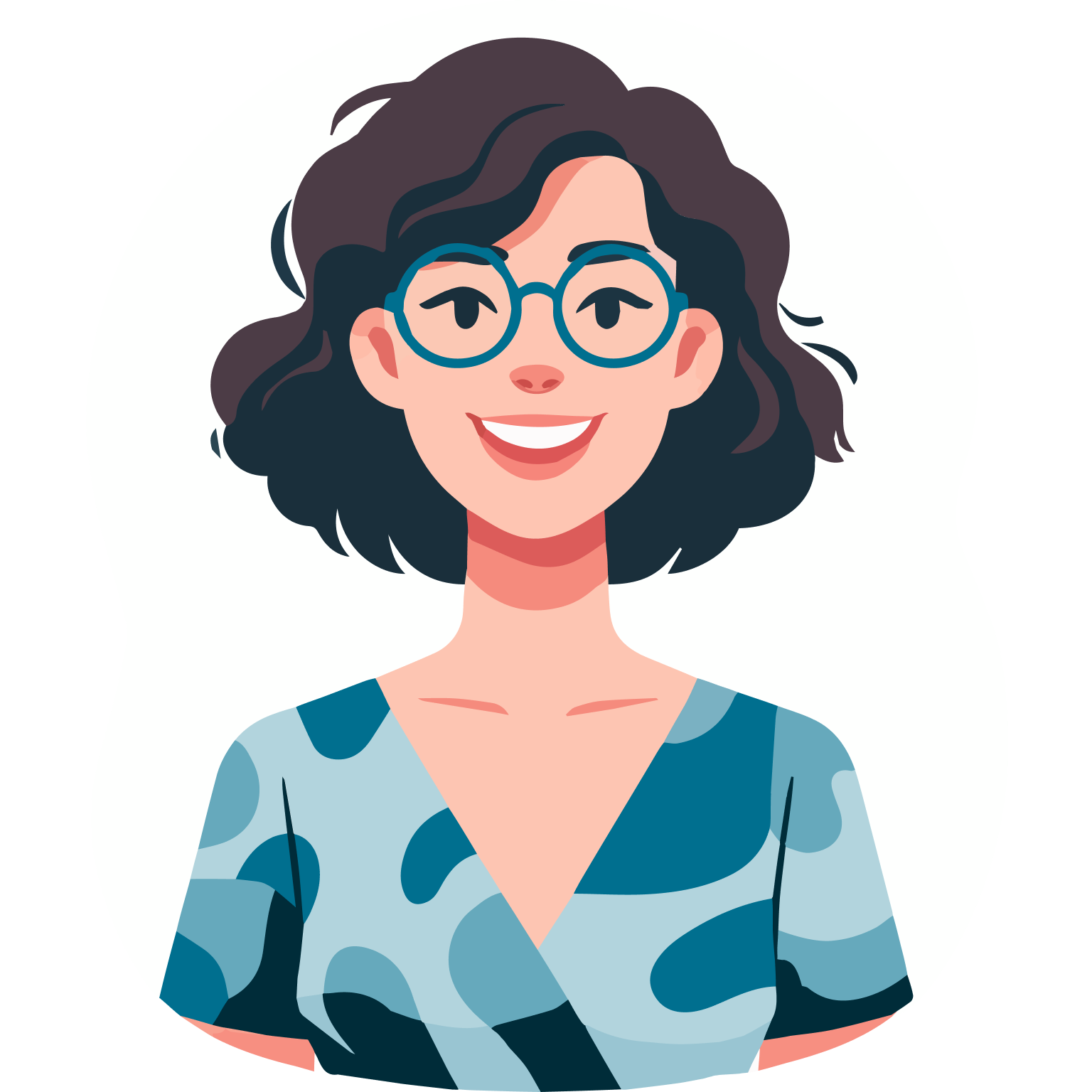 illustration of a smiling latine woman with short, dark, curly hair and wearing glasses